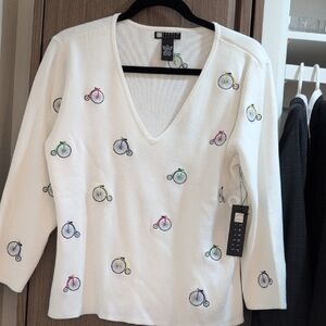 Carole Little White V-Neck Sweater with Bicycle Embroidery